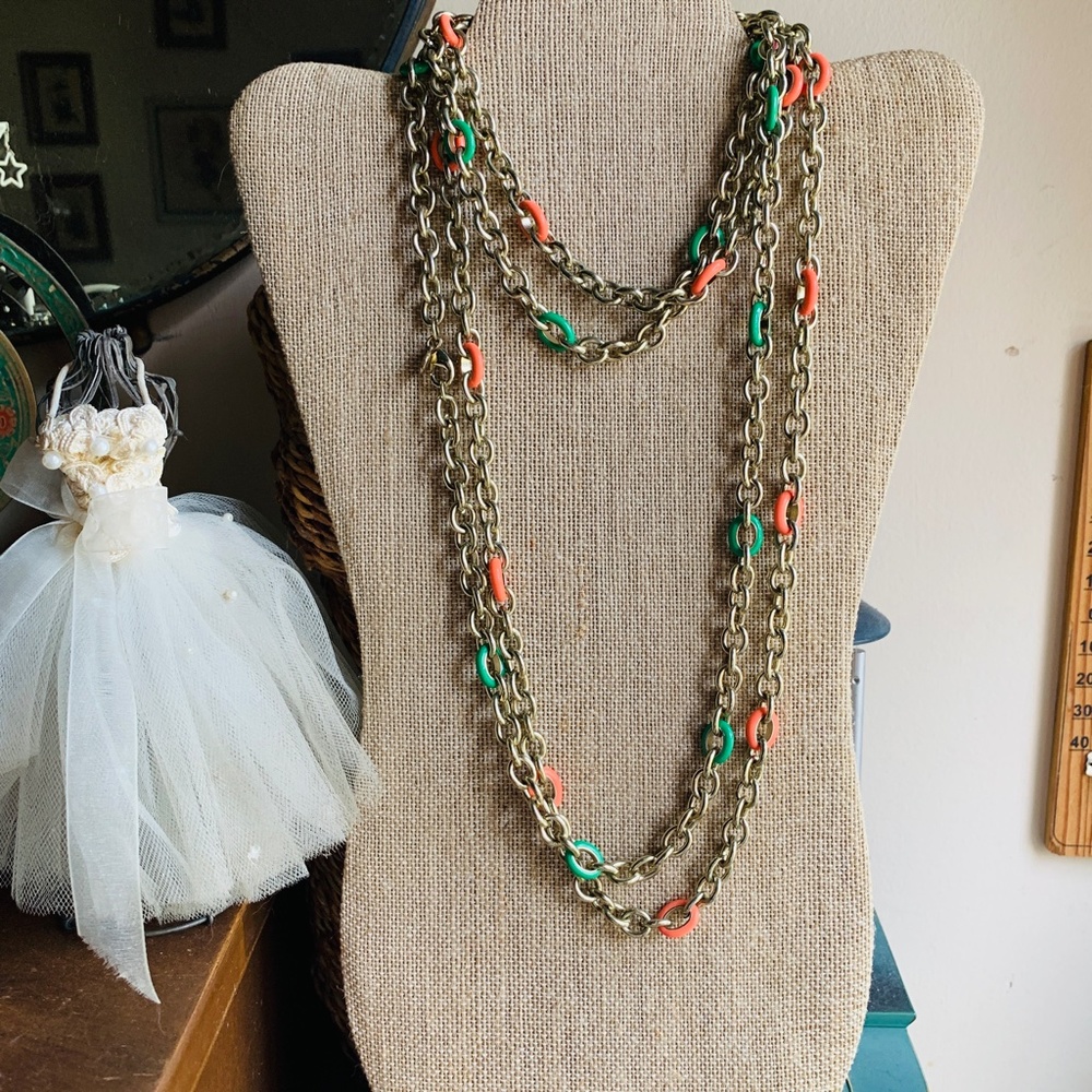 Two JCrew Long 38" Chain Orange & Green Necklaces - Orange & Green Enameled